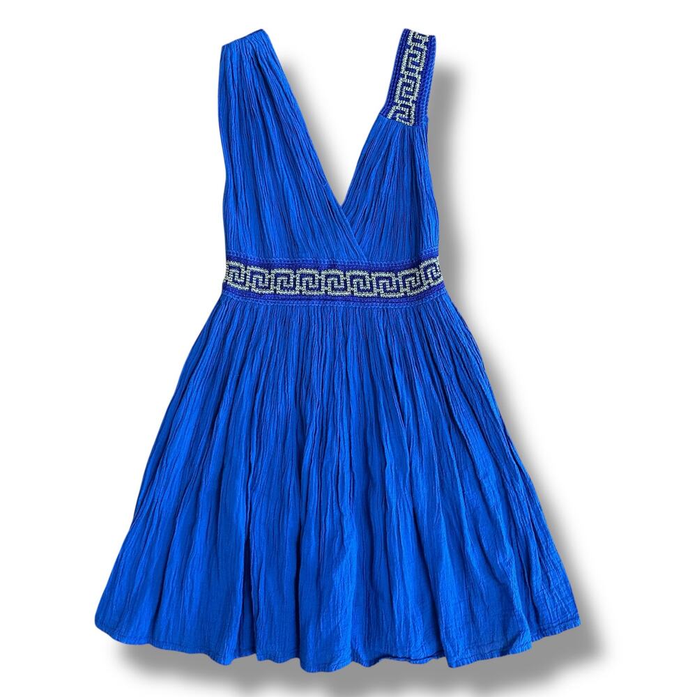 Blue V-Neck Mini Dress with Embellished Waist